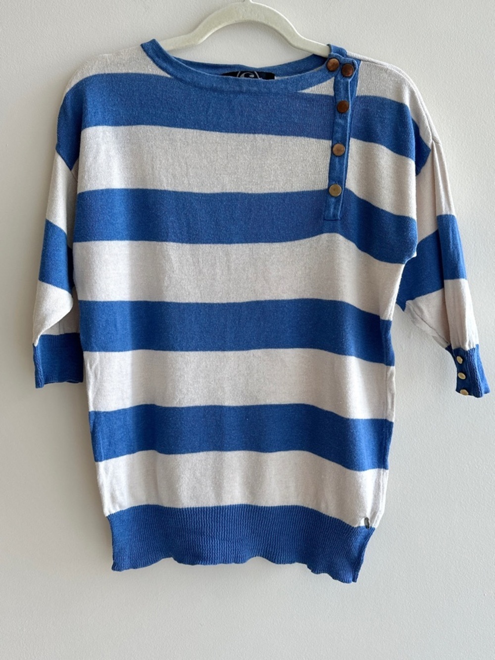 Cacharel Women’s Blue and Cream Striped Knit Blouse, Linen Blend, Size Small